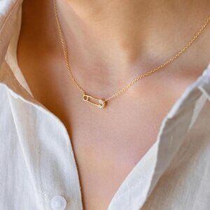 Neiman Marcus 14k Gold Plated CZ Safety Pin Necklace